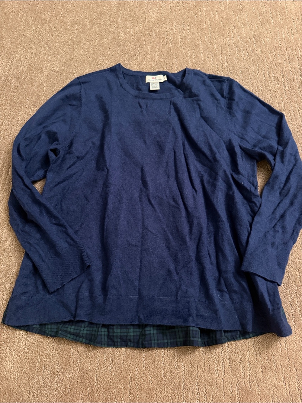 Vineyard Vines Navy Blue Crewneck Sweater with Plaid Hem